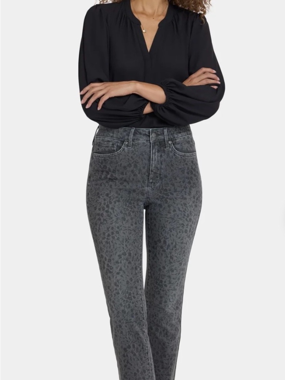 NYDJ Straight-Leg Gray Floral-Print Jeans